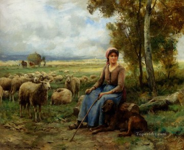 ジュリアン・デュプレ Painting - 群れの農場生活を見守る羊飼い リアリズム ジュリアン・デュプレ
